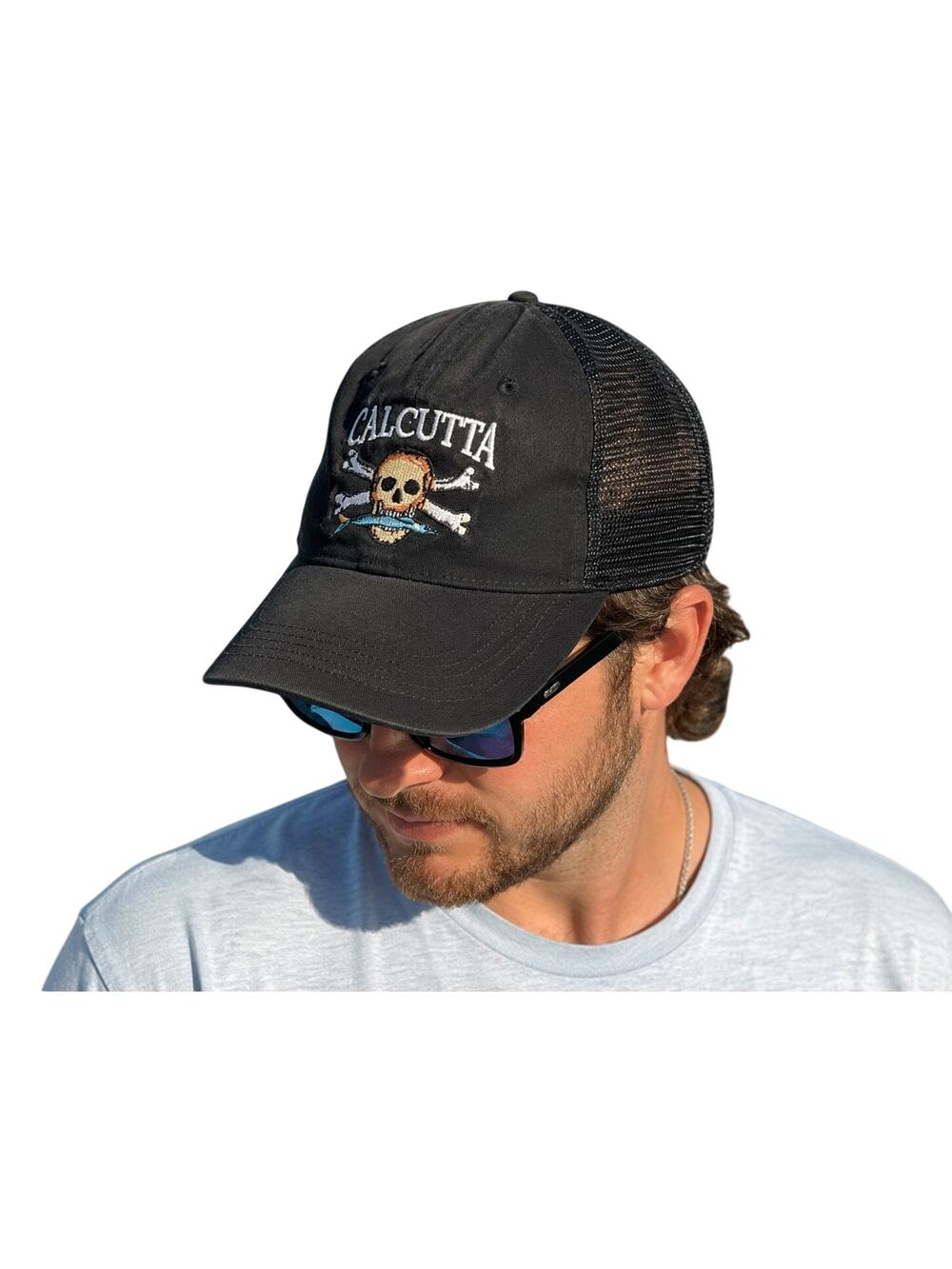 Calcutta Skull & Crossbones Mesh Trucker Hat Black Adjustable Fishing Cap